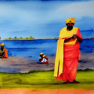 A Sadhu standing near a river. Listen to the story on Baalgatha Podcast