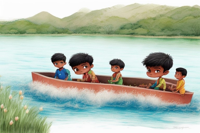 Painting of 5 boys in a boat. Veergatha Podcast by gaathastory